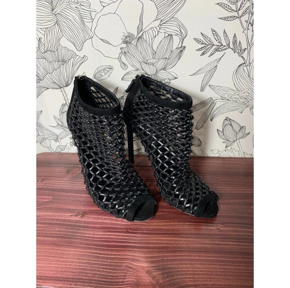 Womens GUCCI BLACK LEATHER & SUEDE CAGE STILETTO BOOTIES Size 38 1/2 EUC!